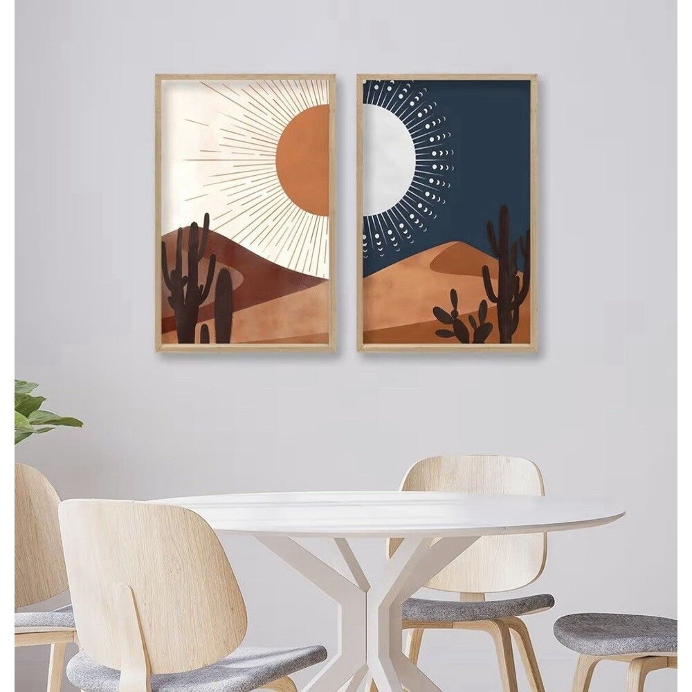 Abstract Desert Sun Moon Art Prints Set of 2 Framed 16x11in UV Resistant